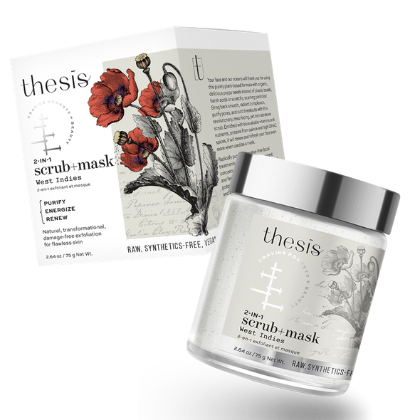 Raw packaging with the title 'Thesis beauty, Organic, vegan, sustainable beauty line'