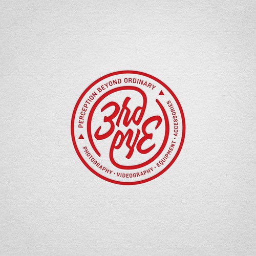 Red brand with the title '3rd eye. Ambigram logo for photography business'