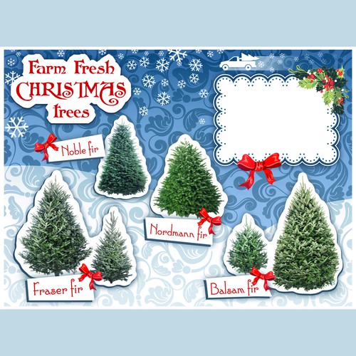Banner artwork with the title 'Farm Christmas trees banner'
