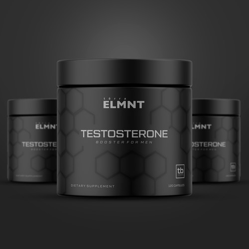 Supplement packaging with the title ' Testosterone Booster Supplement'