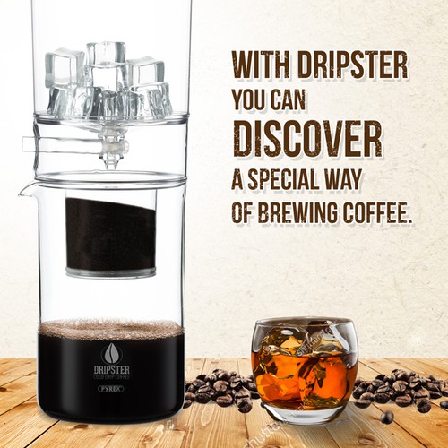 Orange and brown design with the title 'Flyer design for Dripster cold drip coffee'