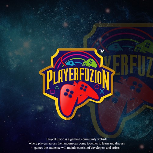 Controller design with the title 'LETS FU-SI-ON OUR GAMES !! illustration logo for gaming community site "PLAYERFUZION"'