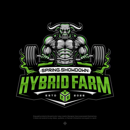 Muscle logo with the title 'HYBRID FARM'