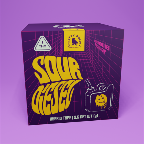 Retro packaging with the title 'Sour Diesel Packaging'