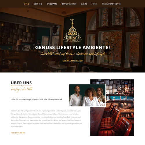 Restaurant website with the title 'Elegantes design für DeeJay's die Villa'