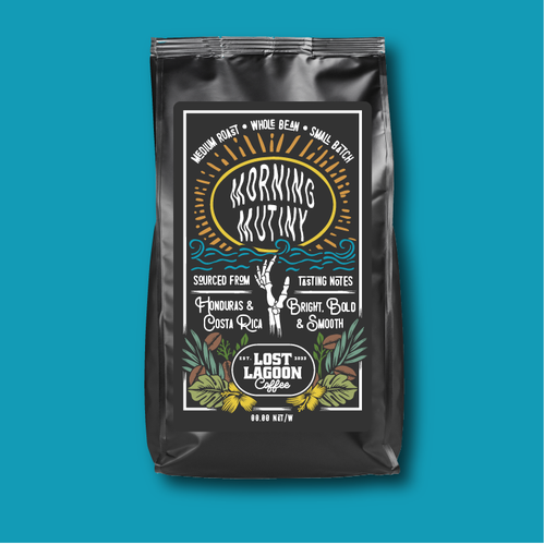 Retro label with the title 'Morning Mutiny Coffee Table design for Lagoon Coffee'