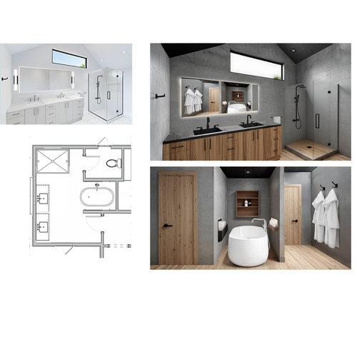 Bathroom design with the title 'Master Bathroom Design and Layout. Photoshop .'