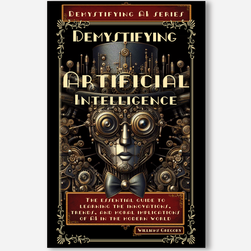 Steampunk book cover with the title 'Demystifyng AI'