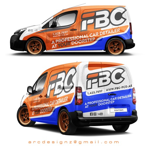 Vehicle graphic design with the title 'Orange and blue combination wrap for for FBC car detailers.'