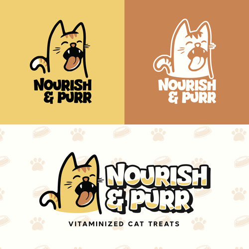 Sweet treat logo with the title 'Nourish & Purr playful mascot design'
