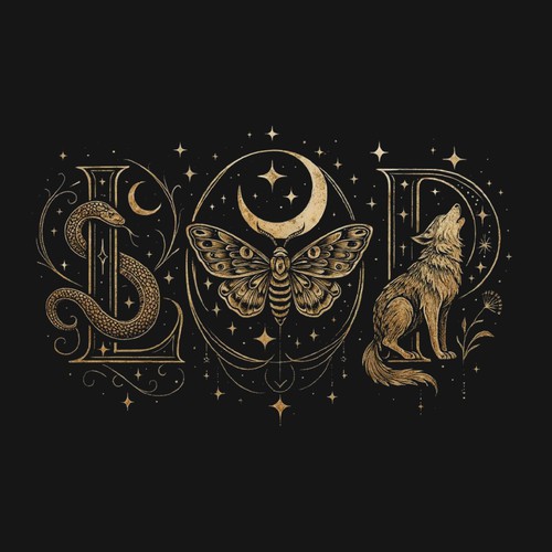 Esoteric design with the title 'Mystical “L O D” Monogram Illustration (This Design Is Available For Sale)– Snake, Moth, Wolf, Crescent Moon & Stars '