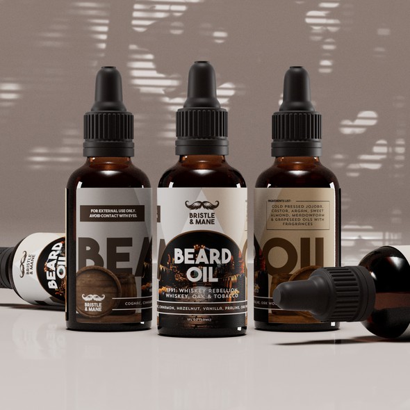 Oil packaging with the title 'Beard Oil Bottle Label Design'