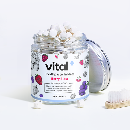 Glass bottle design with the title 'Zero Waste Toothpaste Tablets'