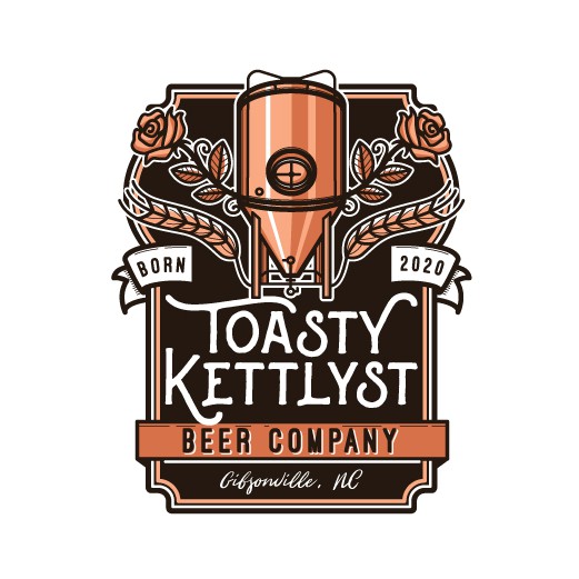 Kettle logo with the title 'Historical brewery logo with roses and copper kettle'