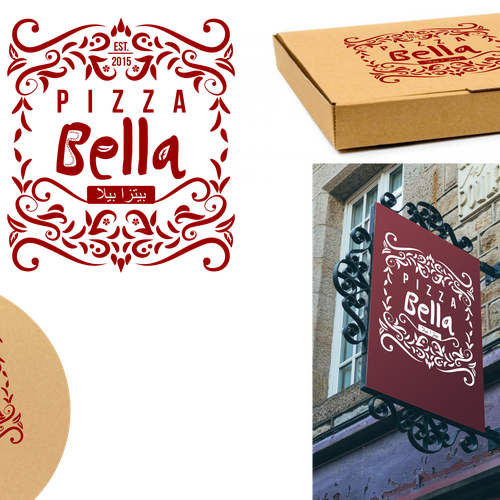 Packaging logo with the title 'Pizza Bella - Italian Pizzería in the Middle East'