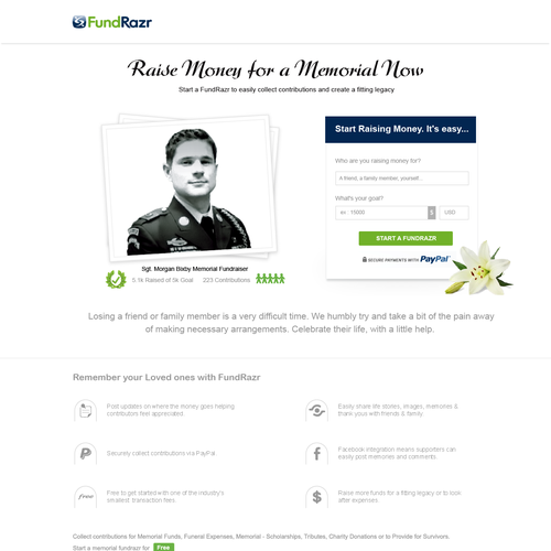 Memorial design with the title 'Web Design For Fund Razr'