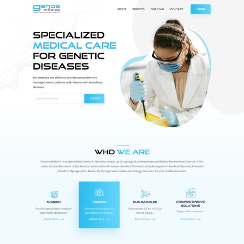 Homepage website with the title 'GENOS MÉDICA Centro Especializado en Genética'