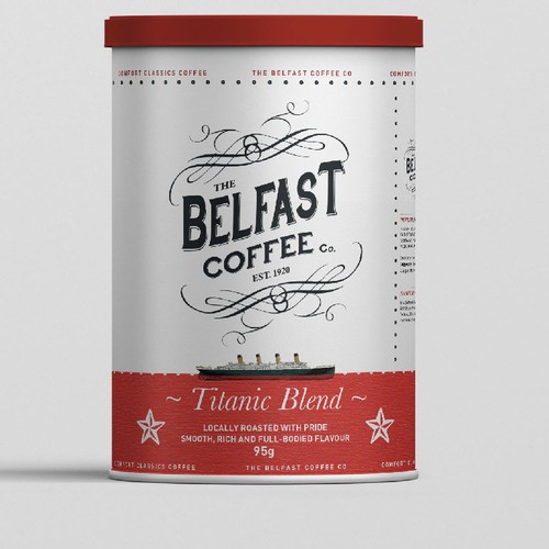 Coffee label with the title 'The Belfast Coffee Label Design'