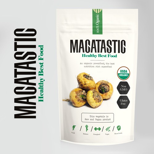 Design label with the title 'MACATASTIC'