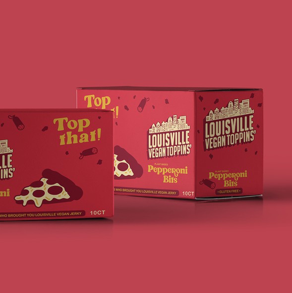 Vegan food packaging with the title 'Louisville Vegan Toppins' - Packaging refresh'