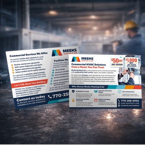 Coupon design with the title 'Commercial HVAC Services — Two-Sided Postcard Promo'