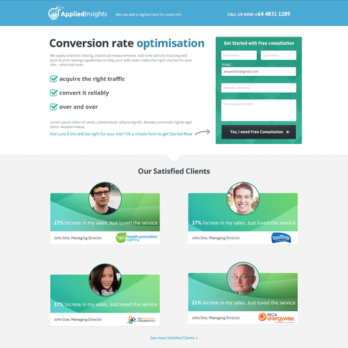 CRM design with the title 'Landing page for a conversion rate company'