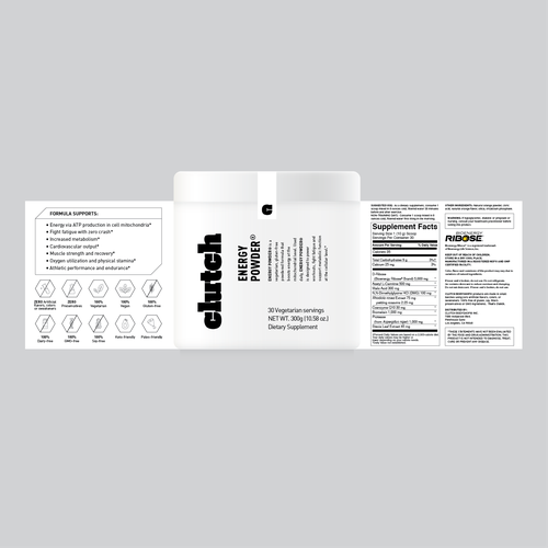 Nutrition label with the title 'Packaging for energy powder supplement'