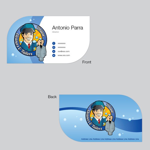 Die cut design with the title 'Business card design for a cleaners' and tailors' business'