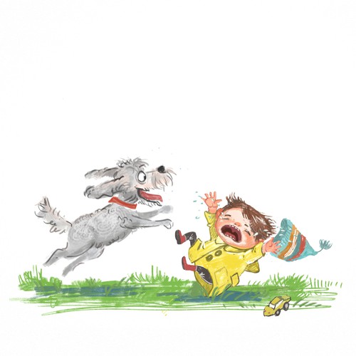 Kid artwork with the title 'Funny dog and toddler'