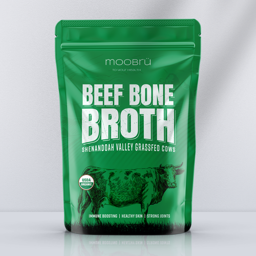Beef packaging with the title 'Packaging Design for Moobru - Beef Bone Broth'