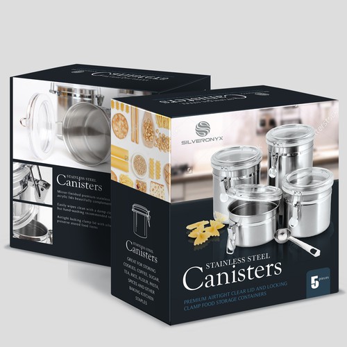 Kitchen design with the title 'Stainless Steel Canisters'