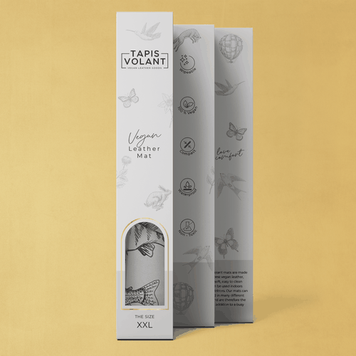 Window design with the title 'Minimalistic packaging design for high end vegan leather products'