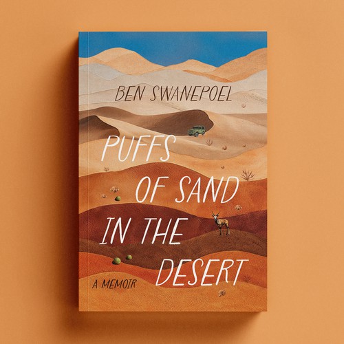 Design with the title 'Puffs of Sand in the Desert | Memoir Book Cover Design Inspired by South Africa's Wild Landscapes'