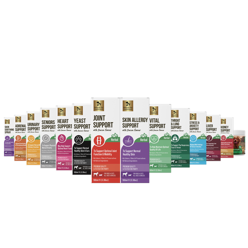 Nutritional supplement packaging with the title 'Pet Supplements Herbal oil'