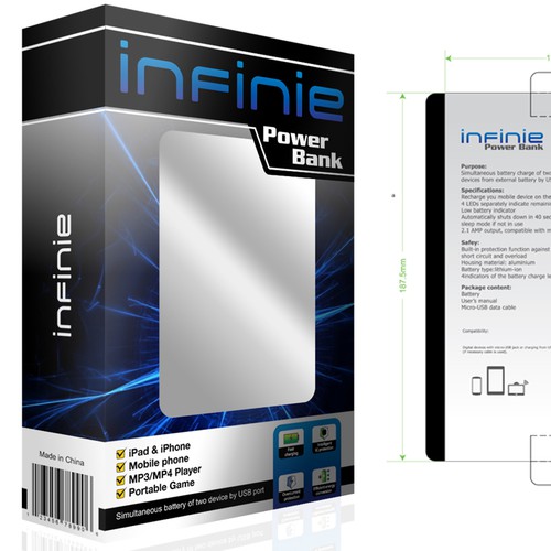 Electronic packaging with the title 'Create an outstanding and cool package design for power banks&chargers[used for smart phones,tablets'