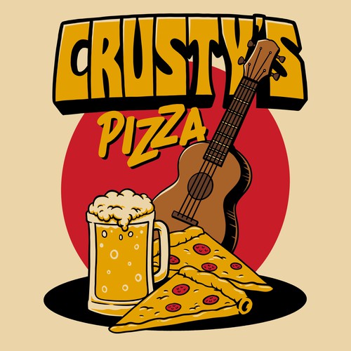 Pizza logo with the title 'Beer, pizza, & music design concept'