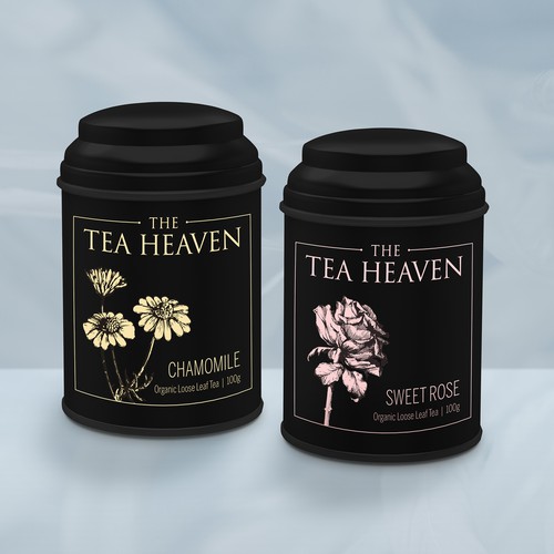 Flower label with the title 'Packaging for Tea Heaven tin'