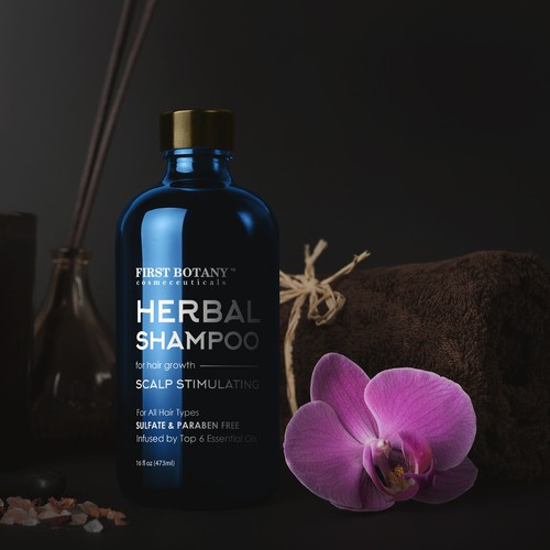 Shampoo packaging with the title 'Label design for Herbal Shampoo'