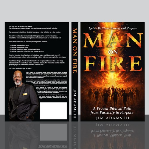 Religious book cover with the title 'MAN ON FIRE'