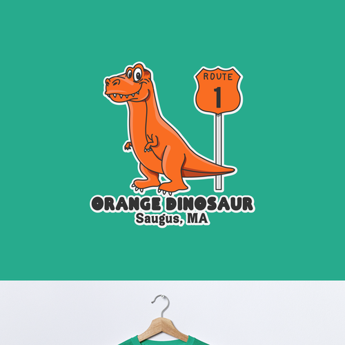 Orange t-shirt with the title 'Shirt Design for Iconic Orange Dinosaur in Saugus, MA'