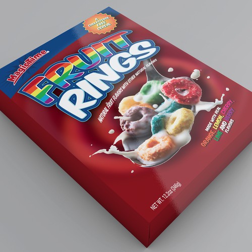 Cereal design with the title 'MagicTime Fruit Rings Cereal Packaging Design'