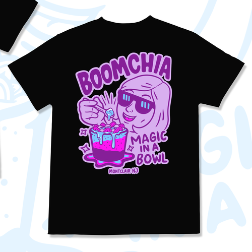 Cartoon artwork with the title 'Illustration design for BOOMCHIA SUPERFOODS.'