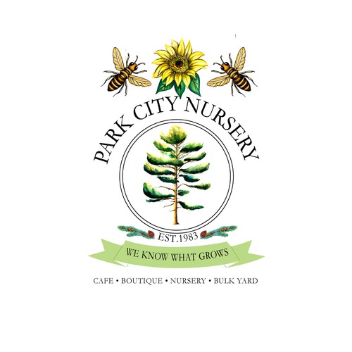 Nursery design with the title 'Logo designed for Park City Nursery. Here I did hand drawing with watercolor Bees, Flower, and Tree.'