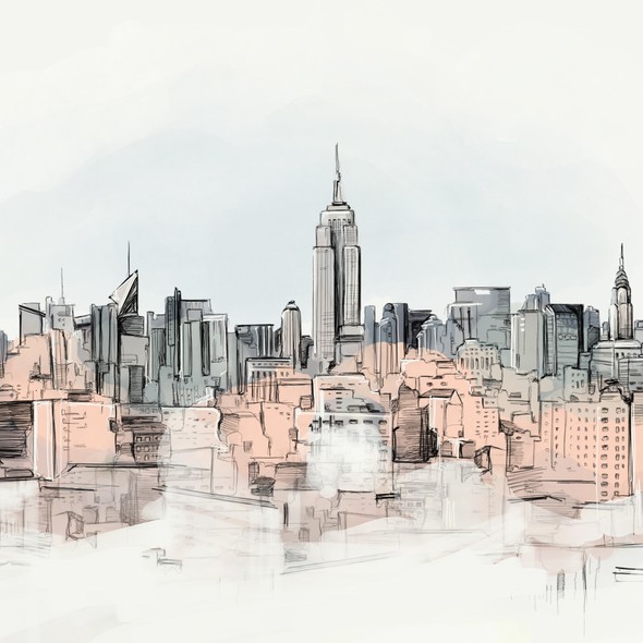 Ink illustration with the title 'Illustration - New York Skyline office view'