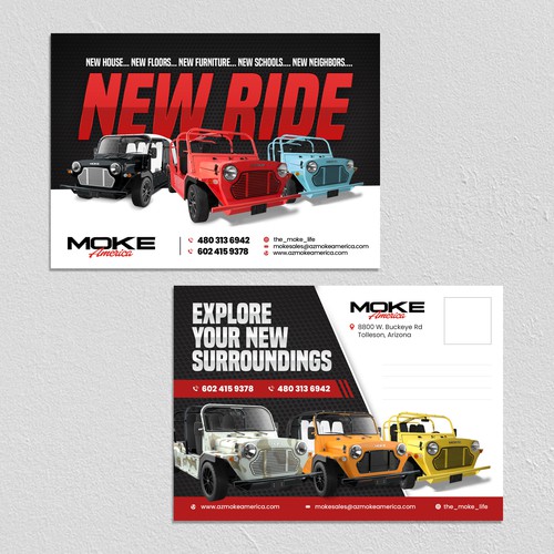 Jeep design with the title 'AZ Moke America Postcard'