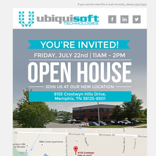 Responsive design with the title 'Open House invitation email'