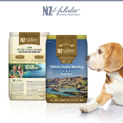 Dog food packaging with the title 'Packaging design for NZ Holistic Canine Nutrition'