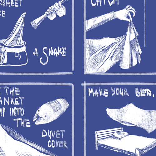Hostel design with the title 'Comic to explain how to make a bed. '