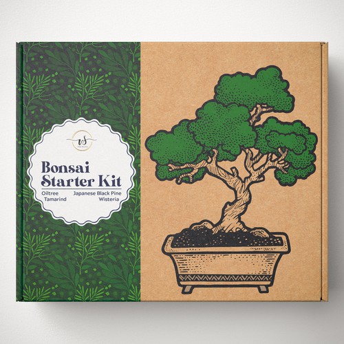 Kraft paper packaging with the title 'bonsai starter kit box'