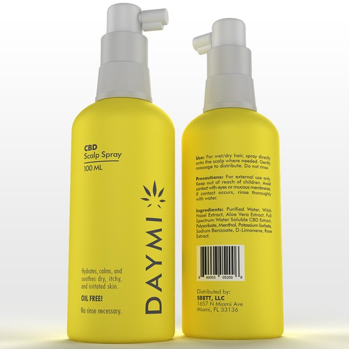 Pharmaceutical packaging with the title 'CBD Scalp Spray'